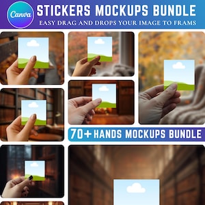 May include: A promotional image for a sticker mockups bundle. The image shows multiple hands holding square stickers with a landscape design. The text on the image reads "STICKERS MOCKUPS BUNDLE" and "EASY DRAG AND DROPS YOUR IMAGE TO FRAMS".