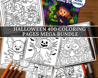 May include: A collection of Halloween-themed coloring pages and a book cover. The book cover features a witch stirring a cauldron. The coloring pages include various Halloween characters and scenes, with the text "HALLOWEEN 400 COLORING PAGES MEGA BUNDLE".