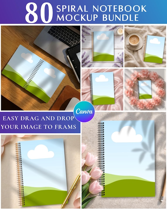 80 Spiral Notebook Mockups, Canva Editable Templates, Spiral Book Mockups, Instant Digital Download