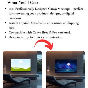 May include: The image showcases two digital mockups of a modern living room with a large-screen television. The text reads "What You'll Get: 100+ Professionally Designed Canva Mockups". The mockups are designed for showcasing products, designs, or digital creations.