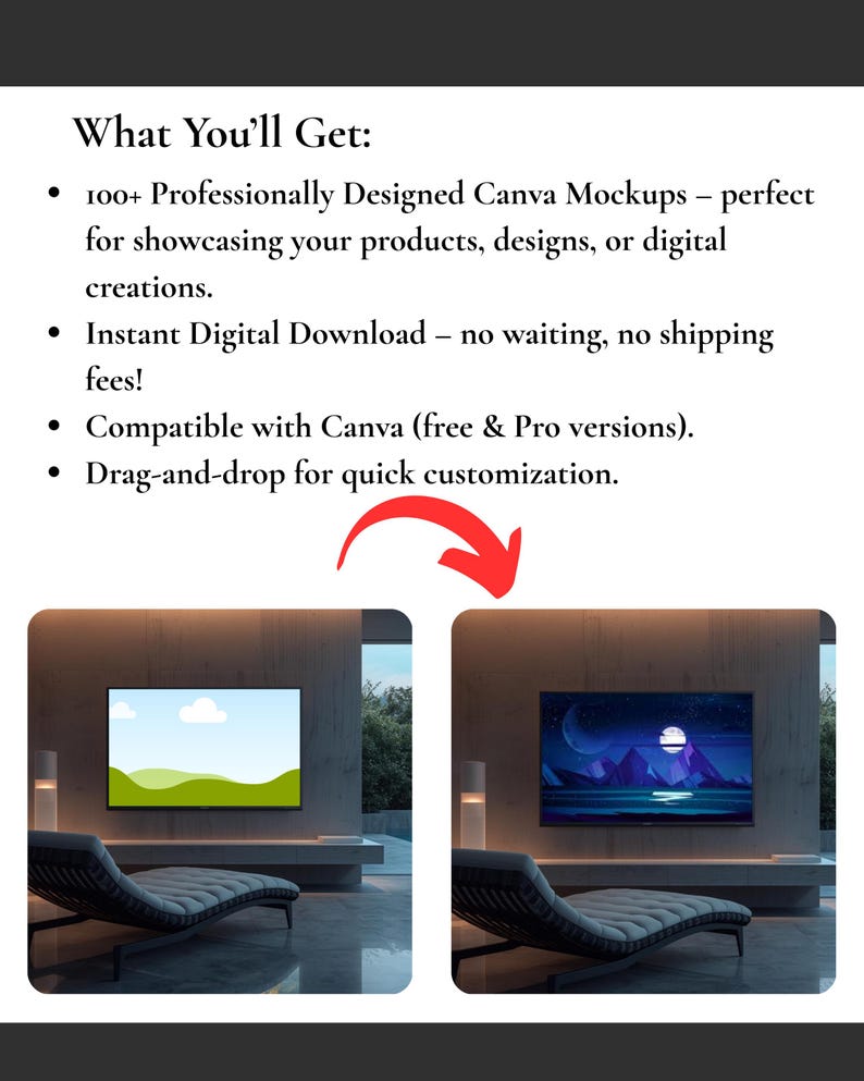May include: The image showcases two digital mockups of a modern living room with a large-screen television. The text reads "What You'll Get: 100+ Professionally Designed Canva Mockups". The mockups are designed for showcasing products, designs, or digital creations.