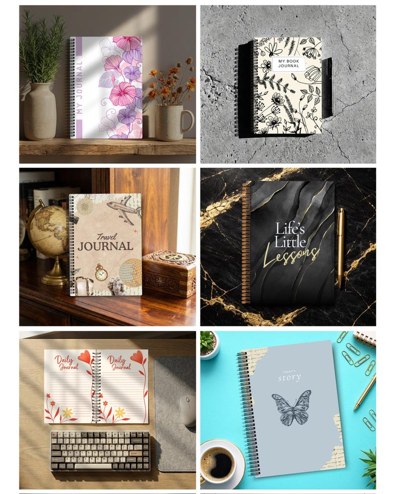 Pu&ograve; includere: Collezione di diari rilegati a spirale con varie copertine. Uno presenta disegni floreali viola, un altro ha un'illustrazione botanica in bianco e nero e un terzo mostra il testo "Travel JOURNAL". Altri diari hanno il testo "Life's Little Lessons", "Daily Journal" e "story".