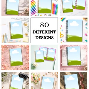 Pu&ograve; includere: Una collezione di quaderni a spirale con un design di cielo blu, nuvole e colline verdi. L'immagine include il testo "80 DIFFERENT DESIGNS". I quaderni sono esposti su vari sfondi con articoli di cancelleria.