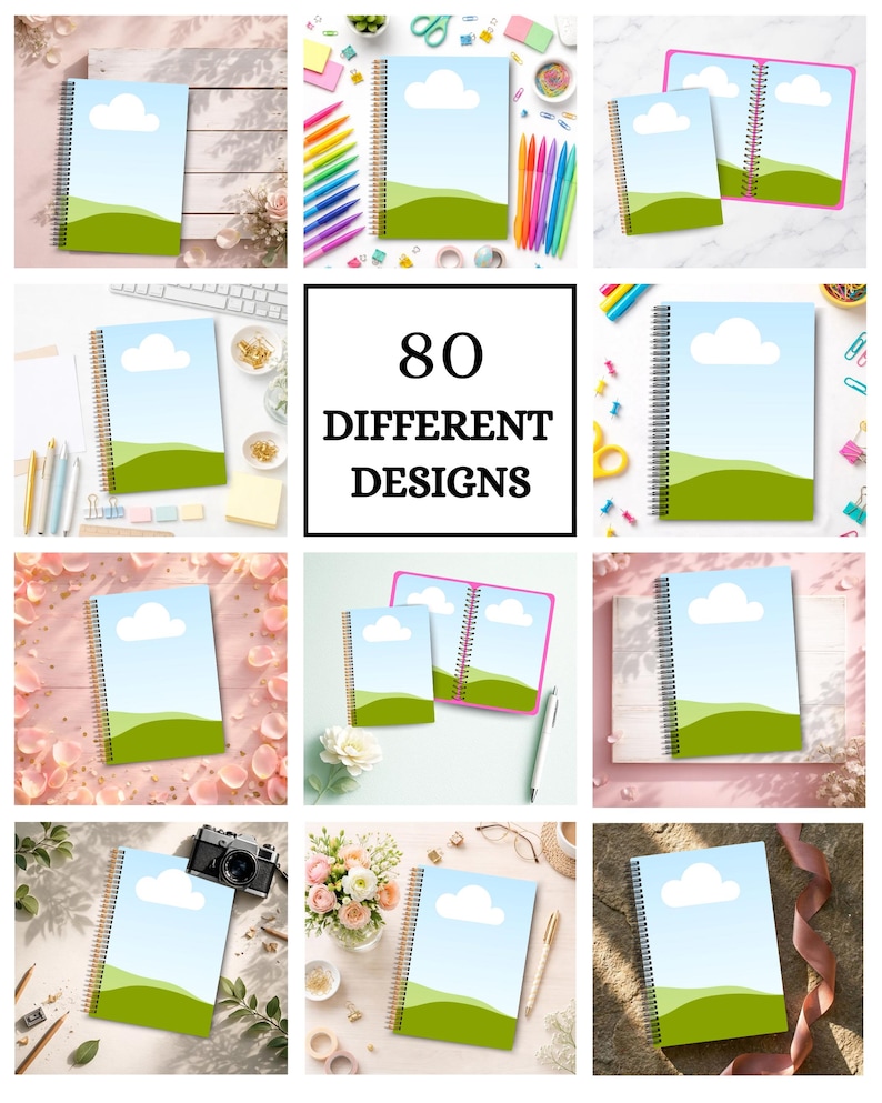Pu&ograve; includere: Una collezione di quaderni a spirale con un design di cielo blu, nuvole e colline verdi. L'immagine include il testo "80 DIFFERENT DESIGNS". I quaderni sono esposti su vari sfondi con articoli di cancelleria.