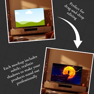 May include: Two images of a large flat-screen TV on a wooden console. The TV displays a landscape scene and a fiery graphic. Text reads "Each mockup includes subtle, realistic shadows to make your products stand out professionally" and "Perfect for drag-and-drop editing."
