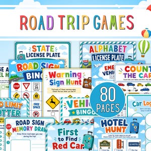 May include: Colorful "Road Trip Games" set with various activity sheets, including license plate, road sign bingo, and car logo hunt. The set includes 80 pages of fun travel games, with a suitcase and beach ball graphic.