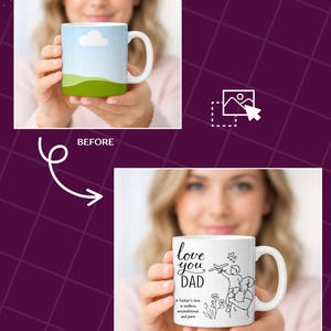 Może przedstawiać: Biały ceramiczny kubek z zakrzywionym uchwytem, ​​z czarnym rysunkiem linii ojca i dziecka z napisem "love you DAD". Kubek zawiera r&oacute;wnież tekst "A Father's love is endless, unconditional, and pure."