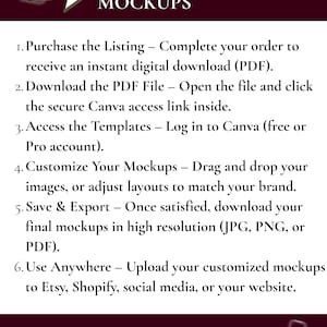 Pu&ograve; includere: Grafica con il testo "COME USARE I TUOI MOCKUP" e passaggi numerati. Le istruzioni includono l'acquisto di un elenco, il download di un PDF, l'accesso ai modelli, la personalizzazione dei mockup, il salvataggio e l'esportazione.