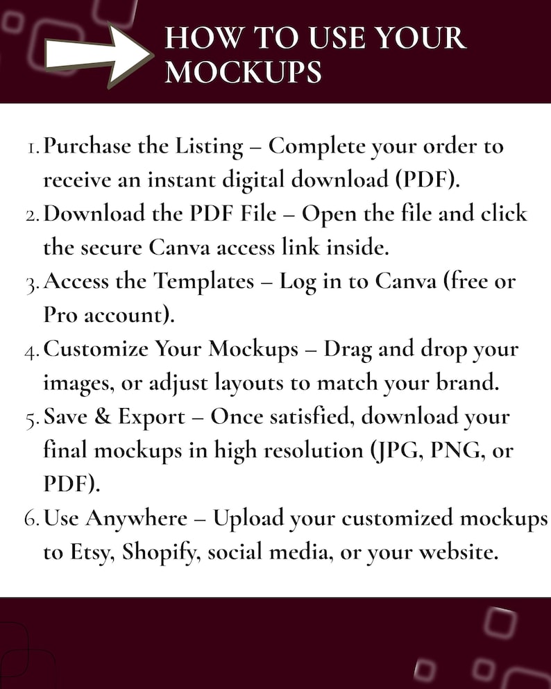 Pu&ograve; includere: Grafica con il testo "COME USARE I TUOI MOCKUP" e passaggi numerati. Le istruzioni includono l'acquisto di un elenco, il download di un PDF, l'accesso ai modelli, la personalizzazione dei mockup, il salvataggio e l'esportazione.
