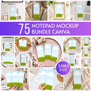 May include: A collection of notepad mockups with a blue sky and green grass design. The image includes the text "75 NOTEPAD MOCKUP BUNDLE CANVA" and "3.5x8.5 SIZE". The notepads are displayed in various settings, showcasing their design.