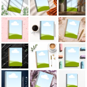 Pu&ograve; includere: Una collezione di quaderni a spirale con un design paesaggistico. Ogni quaderno presenta un cielo blu con una nuvola bianca, colline verdi e una rilegatura a spirale dorata. I quaderni sono esposti su vari sfondi.