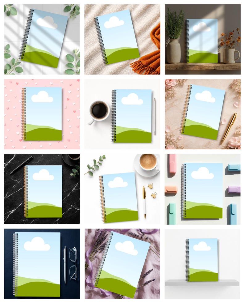 Pu&ograve; includere: Una collezione di quaderni a spirale con un design paesaggistico. Ogni quaderno presenta un cielo blu con una nuvola bianca, colline verdi e una rilegatura a spirale dorata. I quaderni sono esposti su vari sfondi.