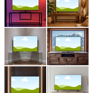 May include: A collection of flat-screen televisions, each displaying a landscape scene with green hills and a blue sky with clouds. The TVs are presented on various stands and furniture, showcasing different interior design styles.