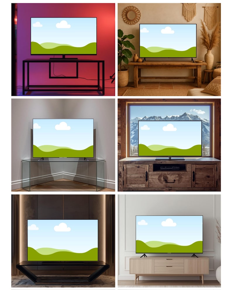 May include: A collection of flat-screen televisions, each displaying a landscape scene with green hills and a blue sky with clouds. The TVs are presented on various stands and furniture, showcasing different interior design styles.