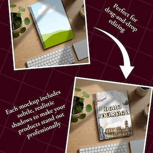 Pu&ograve; includere: Un taccuino a spirale con un design di cielo e paesaggio verde, e un taccuino "Daily Journal". Una tastiera, un mousepad e una piccola pianta in vaso sono visibili su una superficie di legno. Il testo dice "Perfect for drag-and-drop editing."