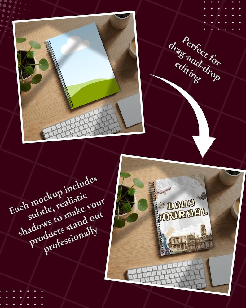 Pu&ograve; includere: Un taccuino a spirale con un design di cielo e paesaggio verde, e un taccuino "Daily Journal". Una tastiera, un mousepad e una piccola pianta in vaso sono visibili su una superficie di legno. Il testo dice "Perfect for drag-and-drop editing."