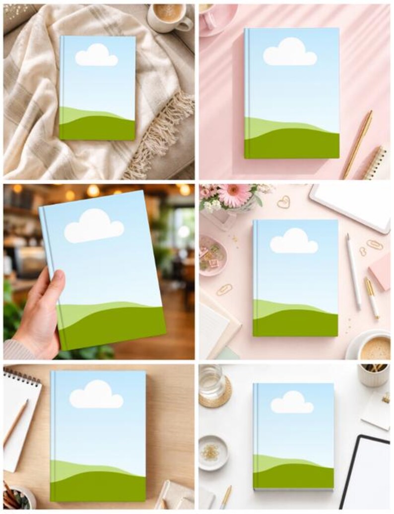 May include: A collection of notebooks with a minimalist design. Each notebook features a light blue cover with a white cloud and green hills. The notebooks are displayed on various surfaces, including a blanket, a pink surface, and a wooden table.