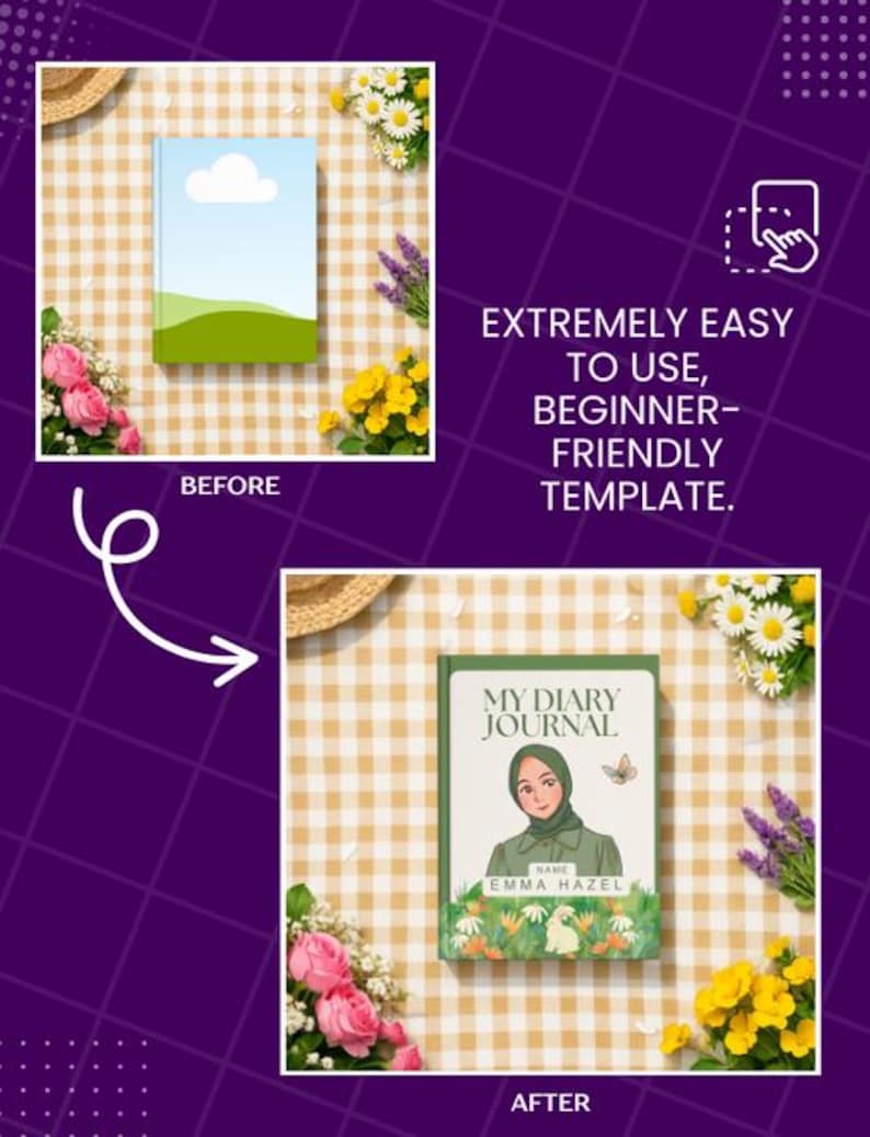 May include: A digital template for a journal cover showing a before and after comparison. The before image features a blue sky and green hills. The after image displays a green-bordered journal titled My Diary Journal with an illustration of a person wearing a green hijab, a small butterfly, and a white rabbit in a field of flowers with the name Emma Hazel printed below.