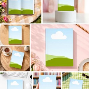 May include: A notebook with a blue sky and cloud design, with green rolling hills at the bottom. The notebook is shown in various settings, including open and closed, on a picnic blanket, and on a desk.