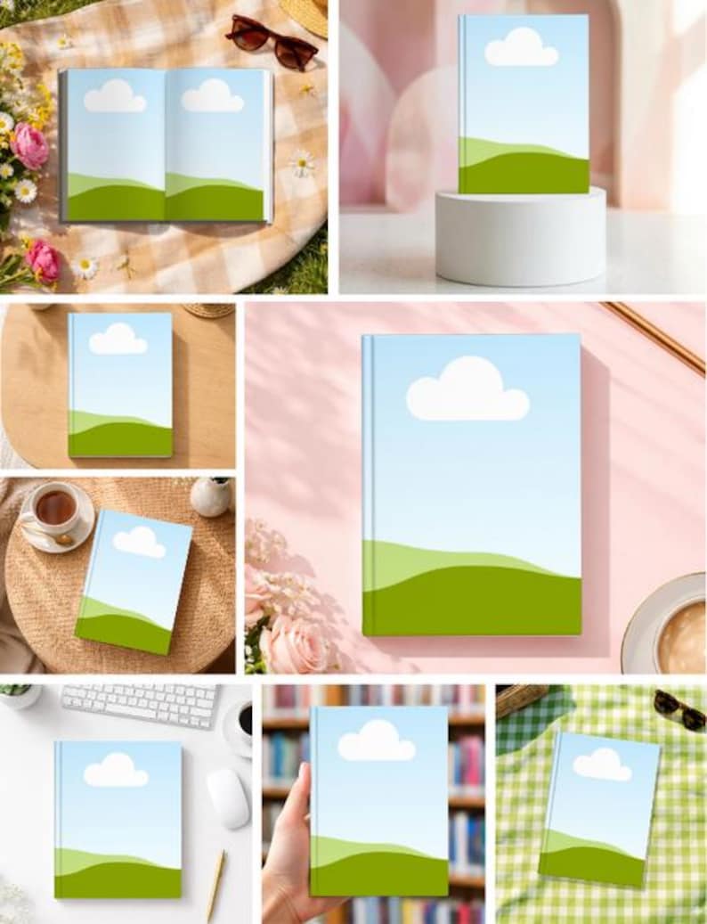May include: A notebook with a blue sky and cloud design, with green rolling hills at the bottom. The notebook is shown in various settings, including open and closed, on a picnic blanket, and on a desk.