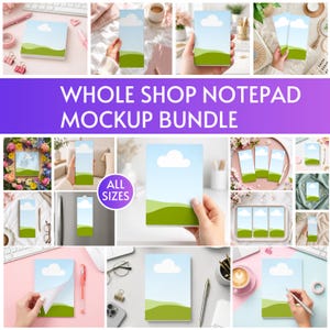 Könnte beinhalten: Ein digitales Mockup-Paket mit einem Notizblock-Design, das einen hellblauen Himmel, eine einzelne weiße Wolke und grüne Hügel zeigt. Die Sammlung präsentiert verschiedene Notizblock-Formate und Größen in diversen Umgebungen.