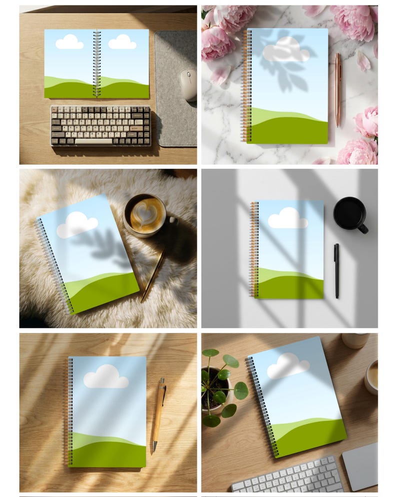Pu&ograve; includere: Quaderni a spirale con un design paesaggistico. Le copertine presentano un cielo blu, nuvole bianche e colline verdi. I quaderni sono presentati su diverse superfici, tra cui una scrivania con tastiera e un tavolo con penna e caff&egrave;.