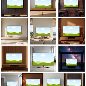 May include: A collection of modern flat-screen televisions, each displaying a landscape scene with green hills and a blue sky with clouds. The TVs are shown in various settings, including mounted on walls and on stands.