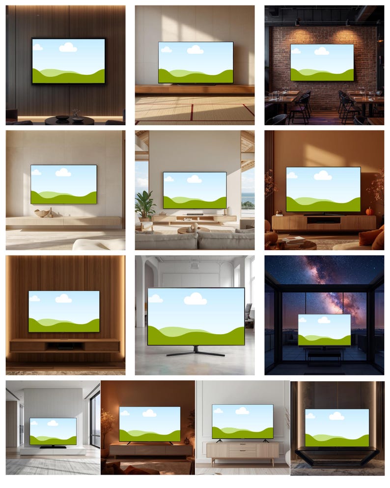 May include: A collection of modern flat-screen televisions, each displaying a landscape scene with green hills and a blue sky with clouds. The TVs are shown in various settings, including mounted on walls and on stands.