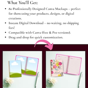 Pu&ograve; includere: L'immagine presenta due quaderni con rilegatura a spirale, uno con un design paesaggistico e l'altro con un motivo floreale. Una penna bianca e una rosa bianca sono posizionate vicino a ogni quaderno. Il testo in alto dice "What You'll Get:" ed elenca le caratteristiche.