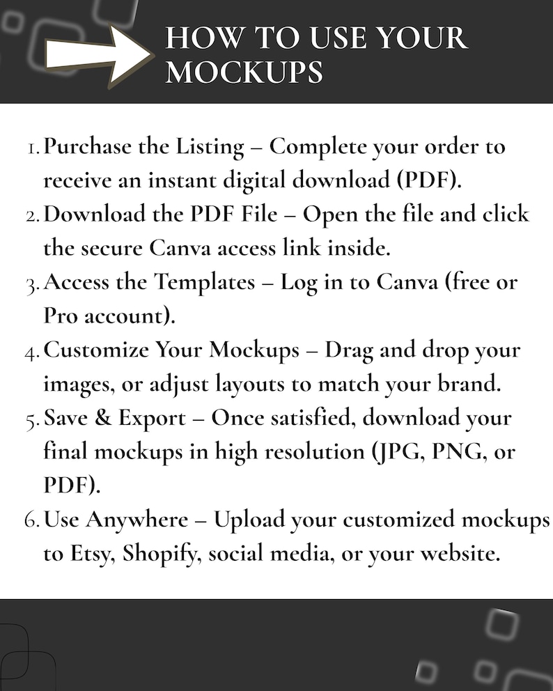 May include: A graphic with the text "HOW TO USE YOUR MOCKUPS" and numbered steps. Instructions include purchasing, downloading a PDF, accessing templates, customizing mockups, saving and exporting, and uploading to various platforms.