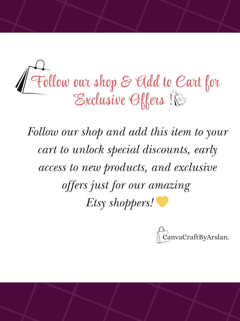 Może przedstawiać: Białe tło z tekstem w kursywie, kt&oacute;ry brzmi "Follow our shop & Add to Cart for Exclusive Offers!". Poniżej napisano: "Follow our shop and add this item to your cart to unlock special discounts, early access to new products, and exclusive offers just for our amazing Etsy shoppers!"