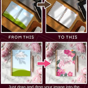 Pu&ograve; includere: Un taccuino a spirale con un design paesaggistico verde e blu si trasforma in un taccuino a tema floreale con il testo "Bloom Repeat". L'immagine mostra un processo di mockup, con il testo "Just drag and drop your image into the mockup frame, and you're done!"