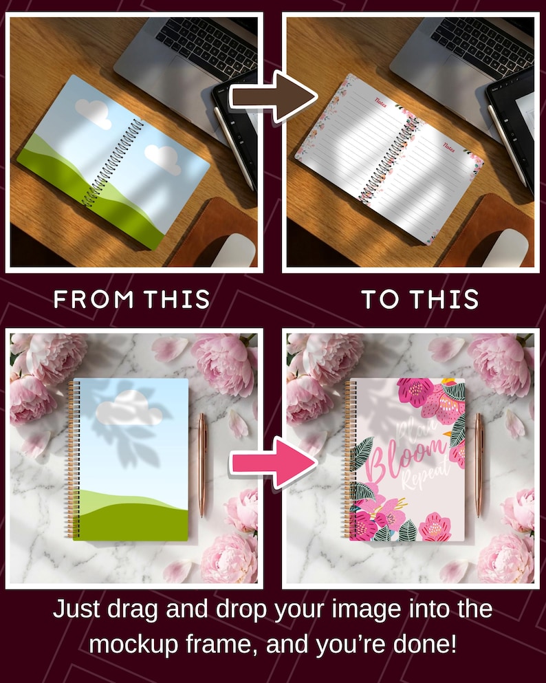 Pu&ograve; includere: Un taccuino a spirale con un design paesaggistico verde e blu si trasforma in un taccuino a tema floreale con il testo "Bloom Repeat". L'immagine mostra un processo di mockup, con il testo "Just drag and drop your image into the mockup frame, and you're done!"