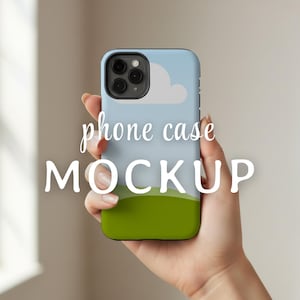 May include: A phone case featuring a graphic design of a light blue sky with a white cloud above a solid green hill. The case has a black camera cutout area and the text phone case MOCKUP is overlaid in white across the center of the image.