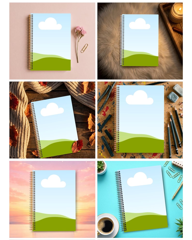 Pu&ograve; includere: Quaderno a spirale con design paesaggistico. La copertina mostra un cielo blu, una nuvola bianca e colline verdi. Il quaderno &egrave; progettato per molteplici usi, con un'estetica pulita e semplice.