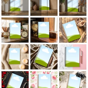 Pu&ograve; includere: Quaderno a spirale con un design paesaggistico, con un cielo blu, una nuvola bianca e colline verdi. Il quaderno ha una rilegatura a spirale argentata. L'immagine mostra il quaderno in vari contesti, tra cui con candele, fiori e una penna.