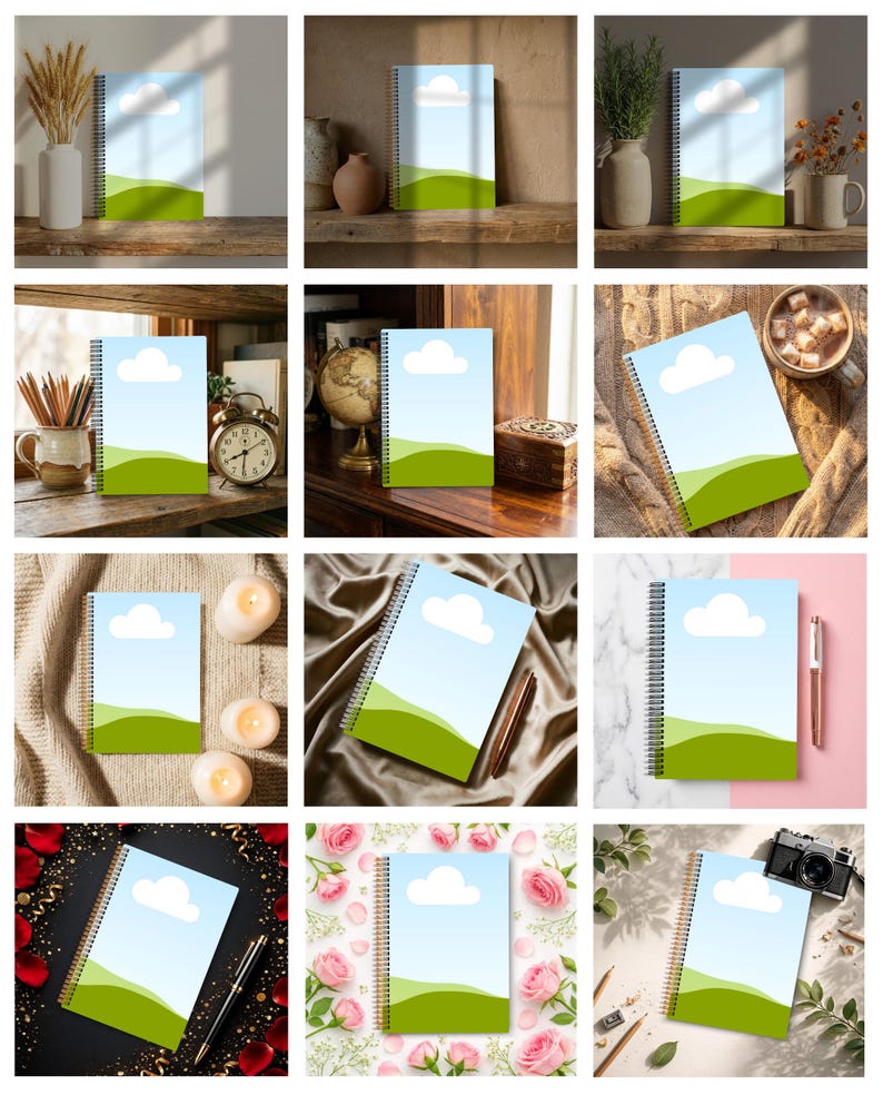 Pu&ograve; includere: Quaderno a spirale con un design paesaggistico, con un cielo blu, una nuvola bianca e colline verdi. Il quaderno ha una rilegatura a spirale argentata. L'immagine mostra il quaderno in vari contesti, tra cui con candele, fiori e una penna.