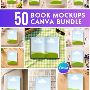 May include: A collection of book mockups with a blue sky and green landscape design. The image features the text "50 Book Mockups Canva Bundle" and the Canva logo. The books are displayed on various surfaces, including a table and a sofa.