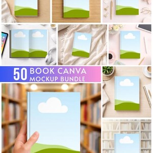 May include: A collection of book mockups with a blue sky and cloud design. The books have a green landscape at the bottom. The text "50 BOOK CANVA MOCKUP BUNDLE" is displayed at the bottom of the image.