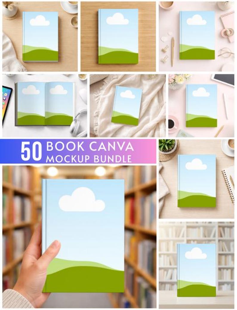 May include: A collection of book mockups with a blue sky and cloud design. The books have a green landscape at the bottom. The text "50 BOOK CANVA MOCKUP BUNDLE" is displayed at the bottom of the image.