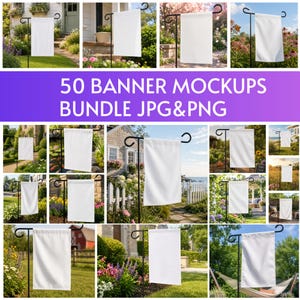 May include: A collection of 50 white rectangular garden flags displayed on black metal stands in various outdoor settings, including residential lawns, gardens, and coastal landscapes, presented as a digital mockup bundle for design display.