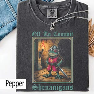 May include: A charcoal gray t-shirt featuring a graphic of a frog dressed as a medieval knight in a stone corridor with a torch. The text above reads Off To Commit and below reads Shenanigans. The shirt has a Comfort Colors brand neck label.