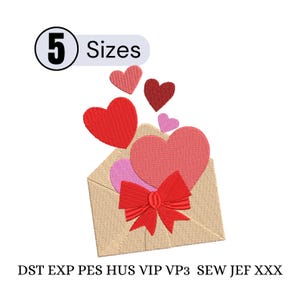 May include: An embroidered design featuring a beige envelope with a red bow and several hearts in shades of red and pink. The text "5 Sizes" is above the design. Below the design are the letters "DST EXP PES HUS VIP VP3 SEW JEF XXX".