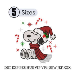 May include: An embroidery design featuring a white cartoon dog wearing a red Santa hat with holly and a red scarf. The design includes three candy canes and various red and green star-shaped sparkles. Text includes 5 Sizes and file formats DST EXP PES HUS VIP VP3 SEW JEF XXX.
