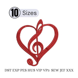 Può includere: Design a forma di cuore rosso con una chiave di violino al centro. Il design include il testo "10 Sizes" in un ovale bianco e nero. Sotto il design ci sono i tipi di file: DST EXP PES HUS VIP VP3 SEW JEF XXX.