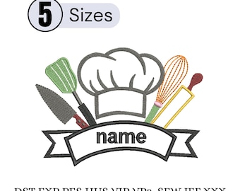 Design personalizzato per ricamo di banner con nome da chef, file monogramma per cappello da chef e utensili da cucina, utensili da cucina PES DST EXP / Download immediato