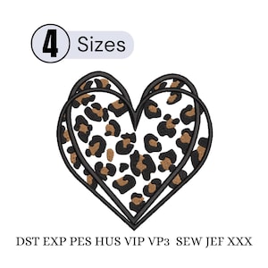 May include: A heart-shaped design with a leopard print pattern in brown and black. The design is outlined in black and features the text "4 Sizes" in a white oval. Below the heart are the letters "DST EXP PES HUS VIP VP3 SEW JEF XXX".