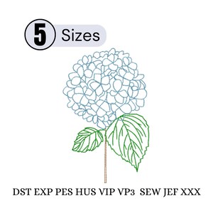 May include: An embroidered design of a hydrangea flower in light blue, green, and brown. The image includes the text "5 Sizes" and file type abbreviations. The flower has a detailed, textured appearance, with green leaves and a brown stem.