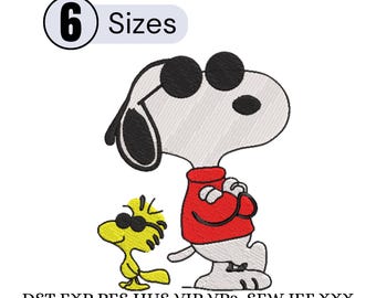 May include: An embroidery design featuring a white dog with black ears wearing black sunglasses and a red sweater, standing next to a small yellow bird wearing black sunglasses. The text 6 Sizes and file formats DST EXP PES HUS VIP VP3 SEW JEF XXX appear.