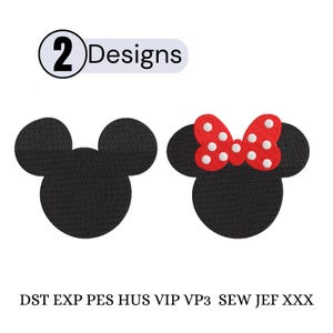 May include: Two black mouse head designs, one with a red bow with white polka dots. The text "2 Designs" is above the mouse heads. Below the mouse heads are the letters "DST EXP PES HUS VIP VP3 SEW JEF XXX".